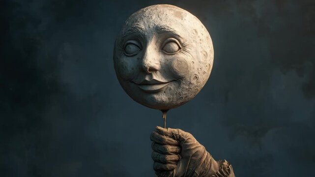 A hand holding a moon face balloon with a smiling expression on a dark background