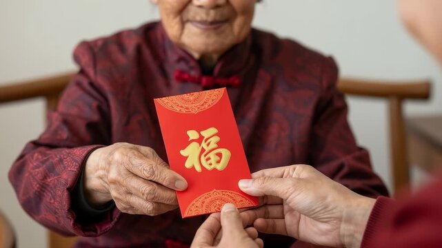 Senior in traditional dress giving red envelope to youth during Spring Festival