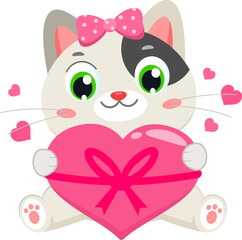 Cute Cat Cartoon Character Holding Heart Gift &ndash; Vector Illustration Flat Design Isolated On Transparent Background