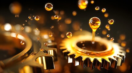 Gears and oil droplets in industrial setting.