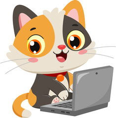 Funny Cat Cartoon Character Using Laptop Computer &ndash; Vector Illustration Flat Design Isolated On Transparent Background
