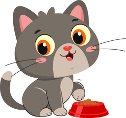 Cute Cat Cartoon Character Eating From Food Bowl &ndash; Vector Illustration Flat Design Isolated On Transparent Background