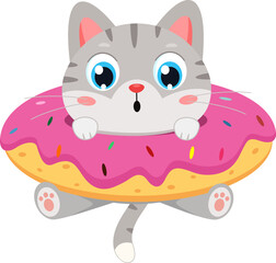 Funny Cat Cartoon Character Sitting Inside Donut &ndash; Vector Illustration Flat Design Isolated On Transparent Background