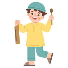Illustration of a Muslim boy with a kentongan, Illustration of Muslim Boy Playing Percussion Instrument