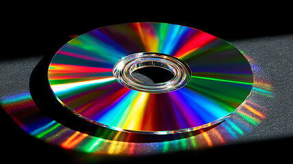 Close up of two shiny compact discs with rainbow colors on a dark background