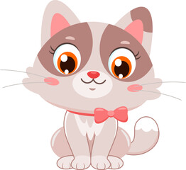 Cute Female Cat Cartoon Character Sitting With Pink Bow &ndash; Vector Illustration Flat Design Isolated On Transparent Background