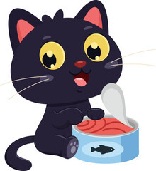 Happy Black Cat Cartoon Character Eating Fish From Can &ndash; Vector Illustration Flat Design Isolated On Transparent Background