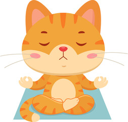 Relaxed Yoga Cat Cartoon Character Meditating on Mat &ndash; Vector Illustration Flat Design Isolated On Transparent Background