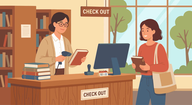 Librarian Checking Out Books
A flat vector illustration of a librarian scanning or stamping books at the checkout counter. Flat vector style, everyday library service scene.