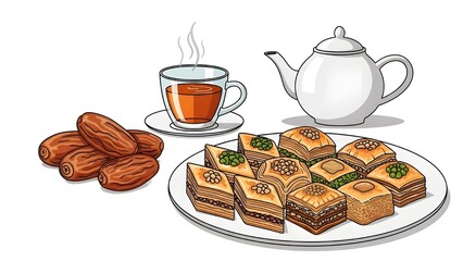 A delightful spread of traditional Middle Eastern sweets including baklava, dates, and a steaming cup of tea with a teapot.