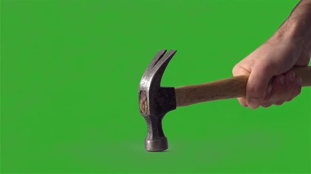 Hammering action, professional hand grips a claw hammer and swings downward, striking motion shot in slow motion on green screen