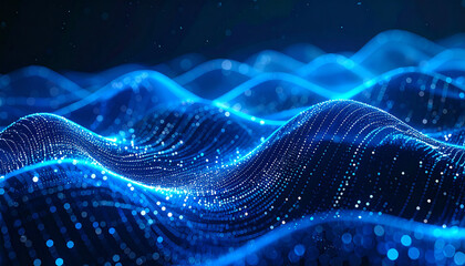 Glowing blue digital lines forming fluid wave, interconnected network structure, smooth gradients