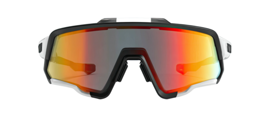 Sporty eyewear with red-orange mirrored lenses, black trim