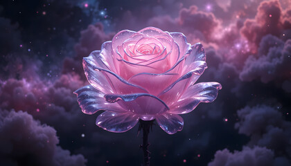 Glass rose sculpture floating in deep space with nebula