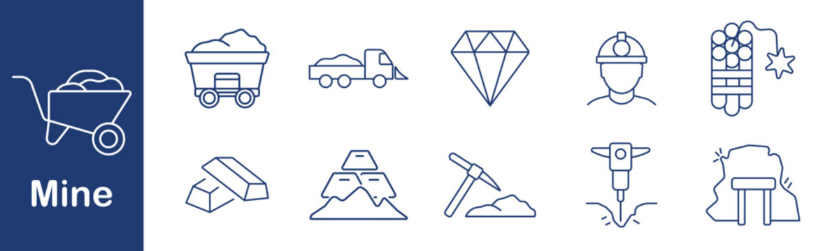 Mine set icon. Cart, truck, pickaxe, helmet, drill, gold, bars, gemstone, explosion, tunnel. Extraction, resource, digging, metal, mining, underground.