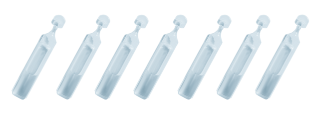 a linear arrangement of eight identical, translucent single-use medical vials containing clear liquid, presented uniformly against a transparent background.