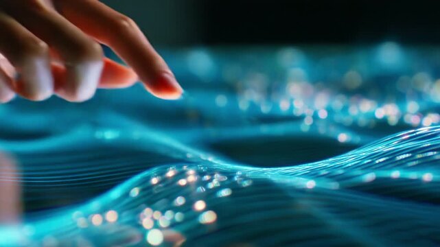 A Close-Up of a Hand Gently Touching a Futuristic Surface with Flowing Light Patterns and Digital Waves, Capturing the Interaction Between Nature and Technology in a Striking Visual Display