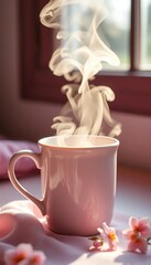 Gentle steam curls from a steaming mug, painted in blush and lavender tones,  creative,  mug