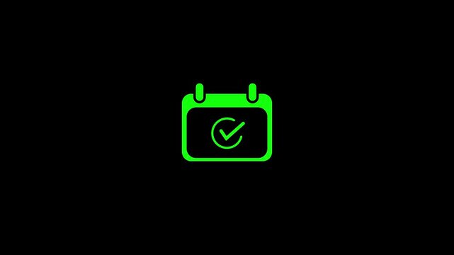 Abstract green calendar icon with a checkmark icon inside on black background. Animated of date schedule concept looped animation.
