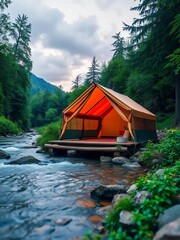 A cozy tent by a flowing river, surrounded by lush greenery, peaceful waterside,  flowing water,  calm environment