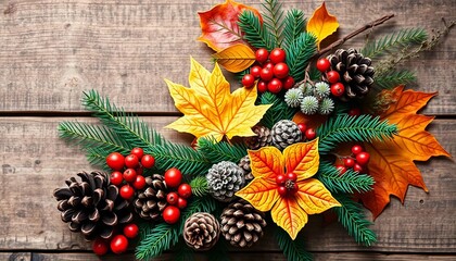 A handcrafted arrangement of autumnal foliage, berries, and pinecones on a rustic wooden backdrop, perfect for seasonal greetings,  outdoor,  natural