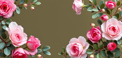 Elegant floral frame featuring blooming roses and delicate eucalyptus leaves, perfect for invitations or decorative elements,  fresh,  artistic