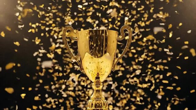 Golden trophy cup with falling confetti against a dark background, symbolizing victory.
