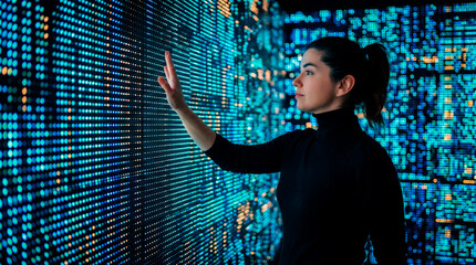 Digital data interface wall with woman touching visual information