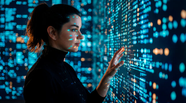 Woman interacting with digital data interface projection