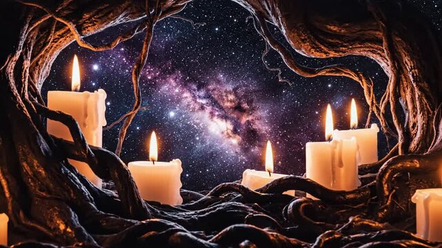 Cinematic Slow Motion Close Up of Eerie Dark Twisted Gnarled Vines with Flickering Glowing Candles Framing a Mysterious Mystic Void Space in a Spooky Haunted Forest Atmosphere
