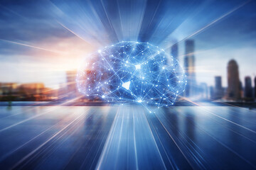 AI generated digital brain network over modern city representing artificial intelligence neural connections data processing and smart technology transformation