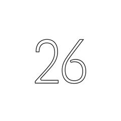 Simple black outline of number twenty six on white background