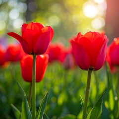 Fototapeta premium A close-up of vibrant red tulips in a lush green field