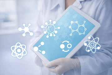 AI generated digital medical science platform with professional using tablet displaying molecular icons data networks and integrated research technology for healthcare innovation