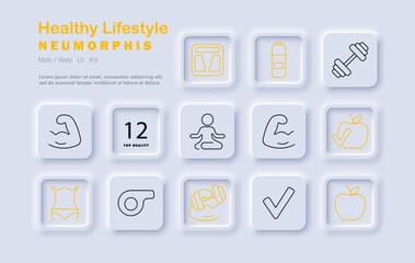 Healthy lifestyle set icon. Icons show apple, scale, dumbbell, yoga, whistle, checklist, muscle, nutrition, sports bra, battery, stretching, and approval mark.