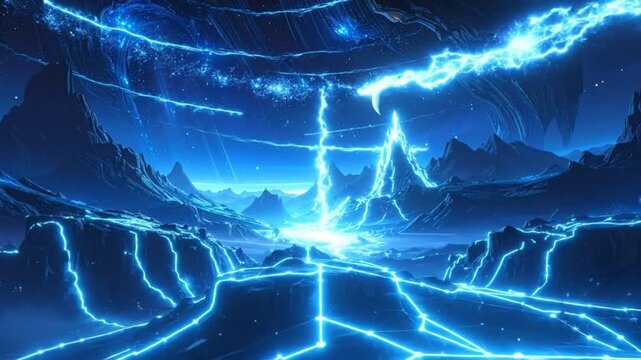 Futuristic landscape with glowing blue lines and celestial elements, creating a science fiction atmosphere.