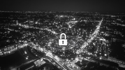 Cyber lock over a network of connected lights in urban landscape at night digital art futuristic cybersecurity concept