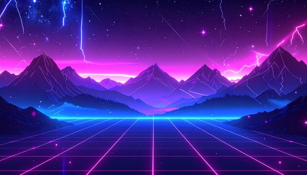 Synthwave Landscape with Mountains, Grid, and Lightning.