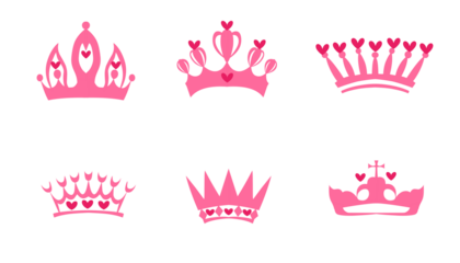 set of pink queen crowns on white background