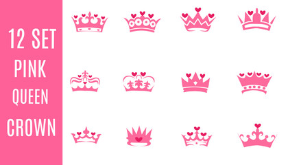collection of 12 vector pink queen crowns with heart decoration on white background