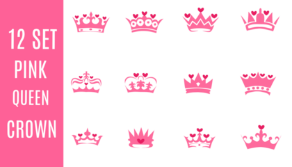 collection of 12 vector pink queen crowns with heart decoration on white background