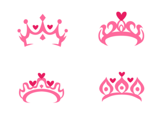 set of four pink queen crowns with hearts on a white background