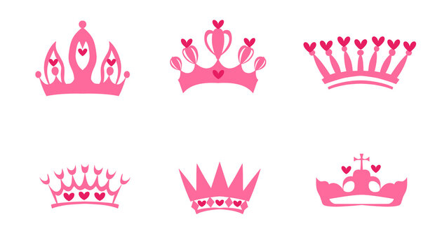 set of pink queen crowns on white background