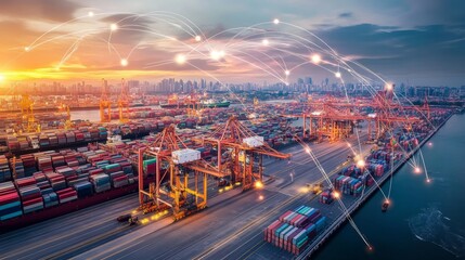 Global trade connectivity container shipping ports urban landscape aerial view digital transformation connectivity concept