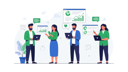 Diverse team analyzing data and charts on laptops, modern flat illustration