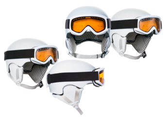 a set of modern white ski helmets with integrated orange goggles, displayed from multiple angles on a clean transparent background for optimal visual presentation.