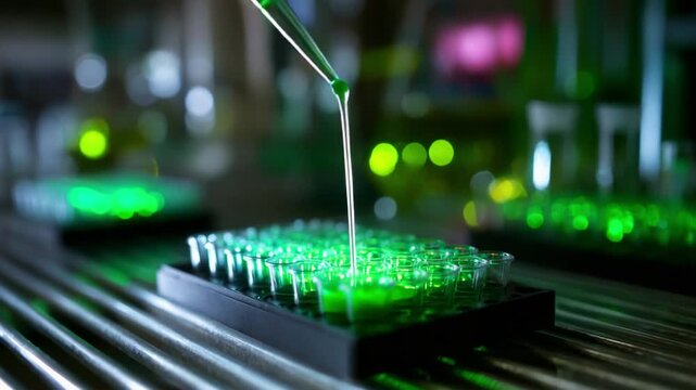 Focused Application of Laboratory Techniques as a Pipette Dispenses Vivid Green Solution into Microplate Wells Representing Cutting-Edge Scientific Research and Precision in Experimental Procedures