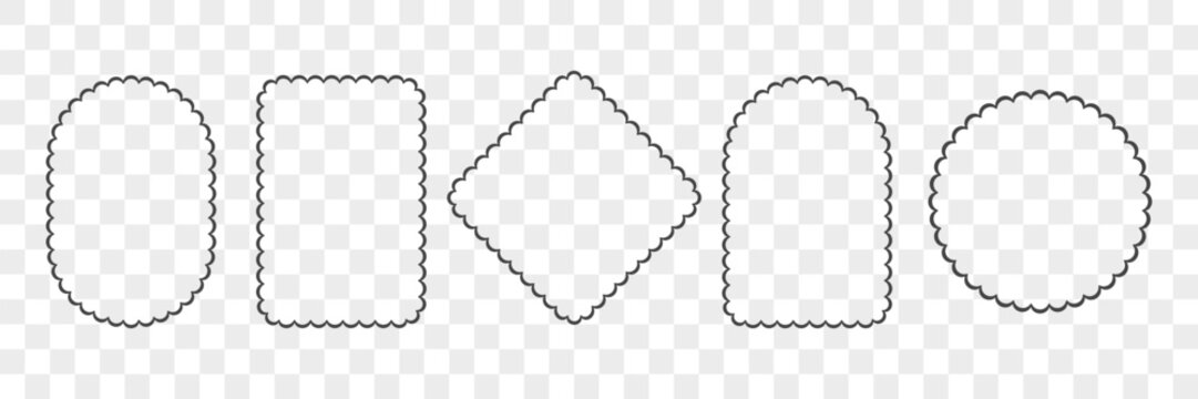 Scallop thin line frames set. Circle, rectangle border edges. Cute lace tags for design. Vector