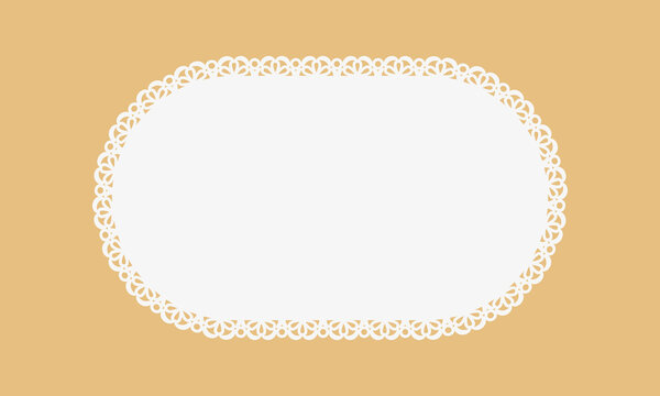 Oval doily frame. Vintage napkin with lace border. White scalloped tablecloth. Vector