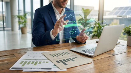 Businessman Analyzing Sustainable Growth Analytics on Laptop HUD